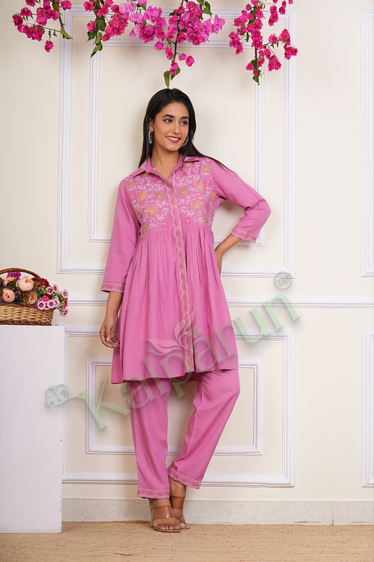 KALPARUN Pink Embroidered Cotton Kurta Pant Set, 3/4 Sleeves, Floral Design, Collared Neckline