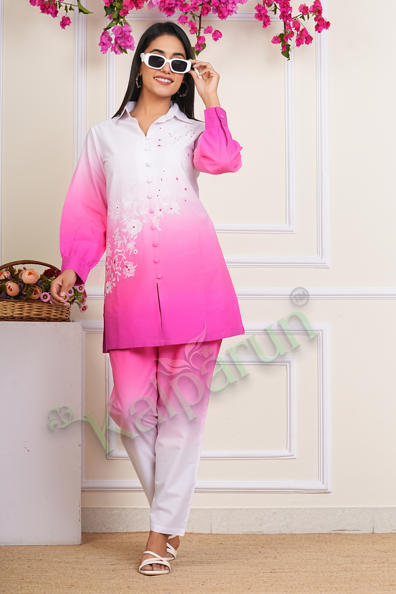 Kalparun Women's Ombre Cotton Suit Set with Floral Embroidery, White to Pink Gradient, Button-Down Tunic with Pants