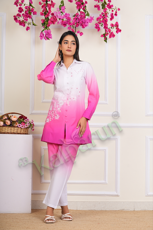 Kalparun Women's Ombre Cotton Suit Set with Floral Embroidery, White to Pink Gradient, Button-Down Tunic with Pants