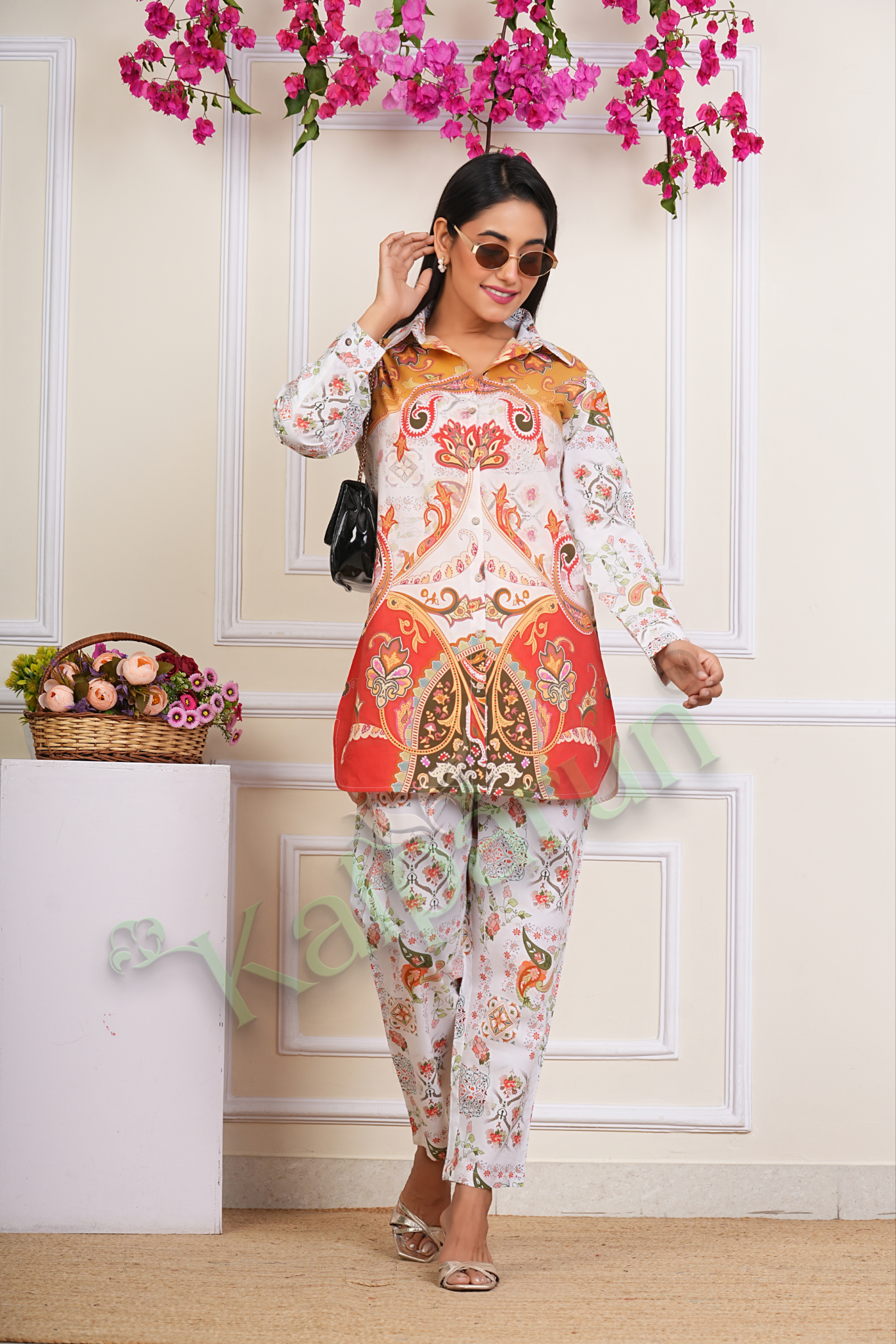 KALPARUN Women's Paisley Print Cotton Lounge Set, White and Orange Floral Pattern, Long Sleeves, Collared Shirt with Pants