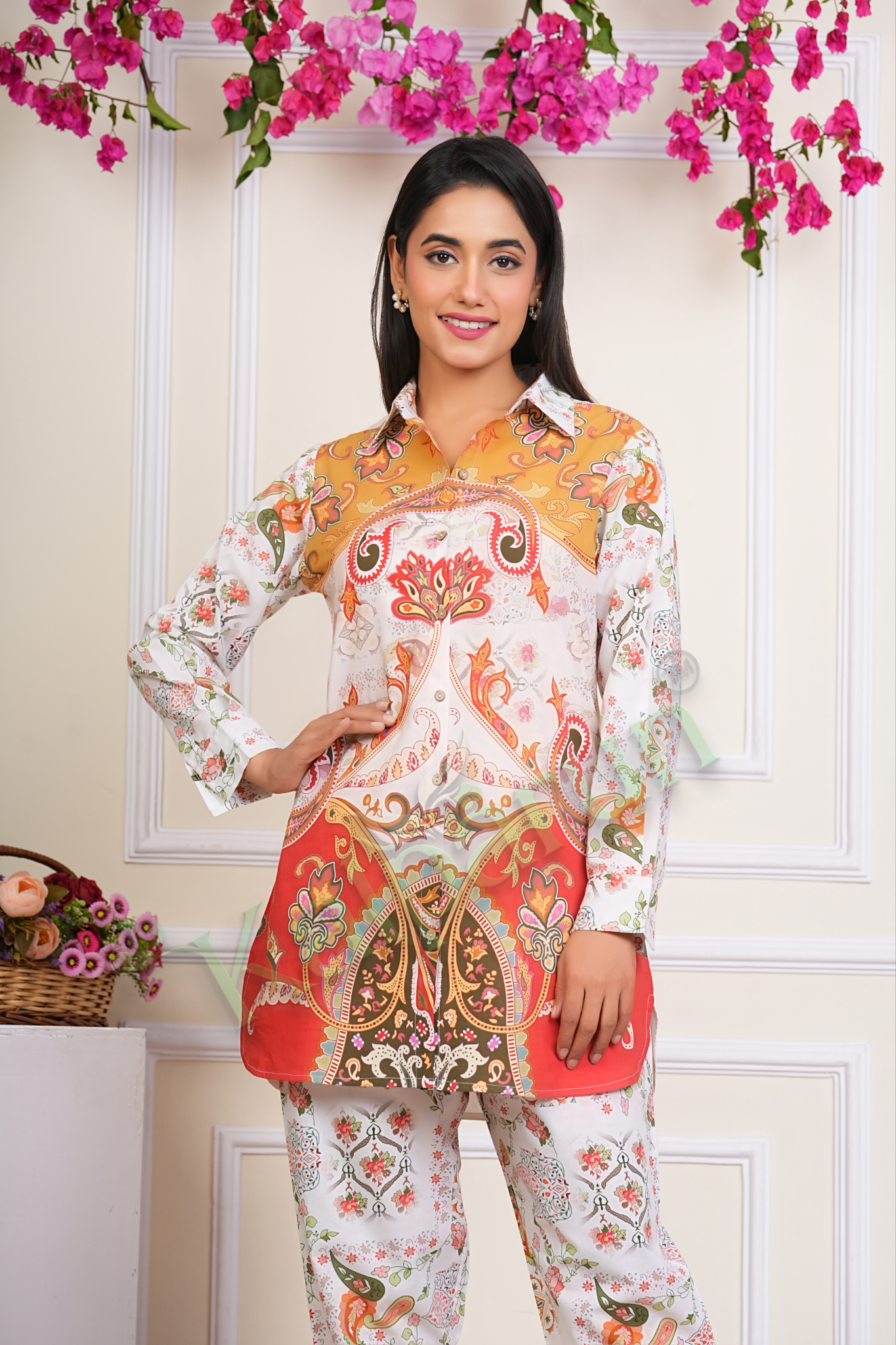KALPARUN Women's Paisley Print Cotton Lounge Set, White and Orange Floral Pattern, Long Sleeves, Collared Shirt with Pants