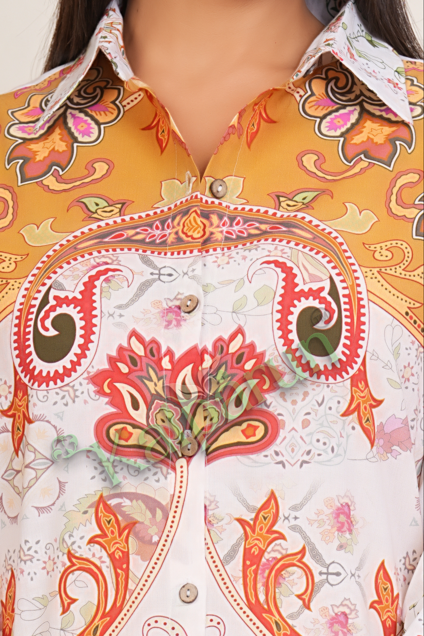 KALPARUN Women's Paisley Print Cotton Lounge Set, White and Orange Floral Pattern, Long Sleeves, Collared Shirt with Pants