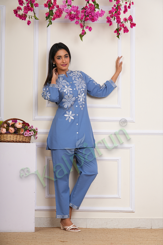 KALPARUN Women's Blue Cotton Kurta Set with White Floral Embroidery, Mandarin Collar, Button-Down, 3/4 Sleeves