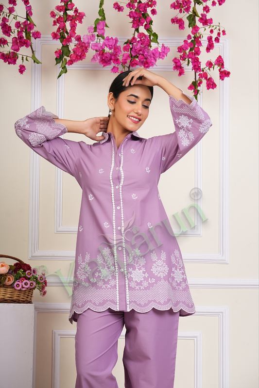 Kalparun Lilac Cotton CORD Set, Embroidered Button-Down Shirt with Scalloped Hem, Matching Trousers