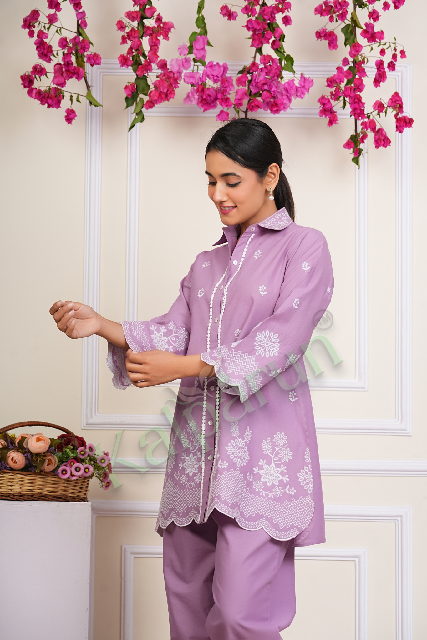 Kalparun Lilac Cotton CORD Set, Embroidered Button-Down Shirt with Scalloped Hem, Matching Trousers