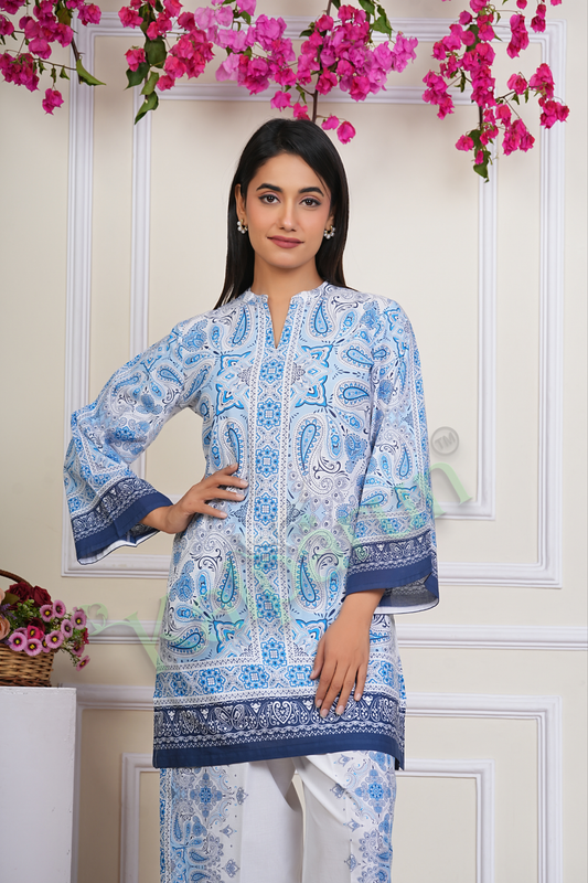 KALPARUN Women's Paisley Print Cotton CORD Set, Blue and White, V-Neck with 3/4 Sleeves