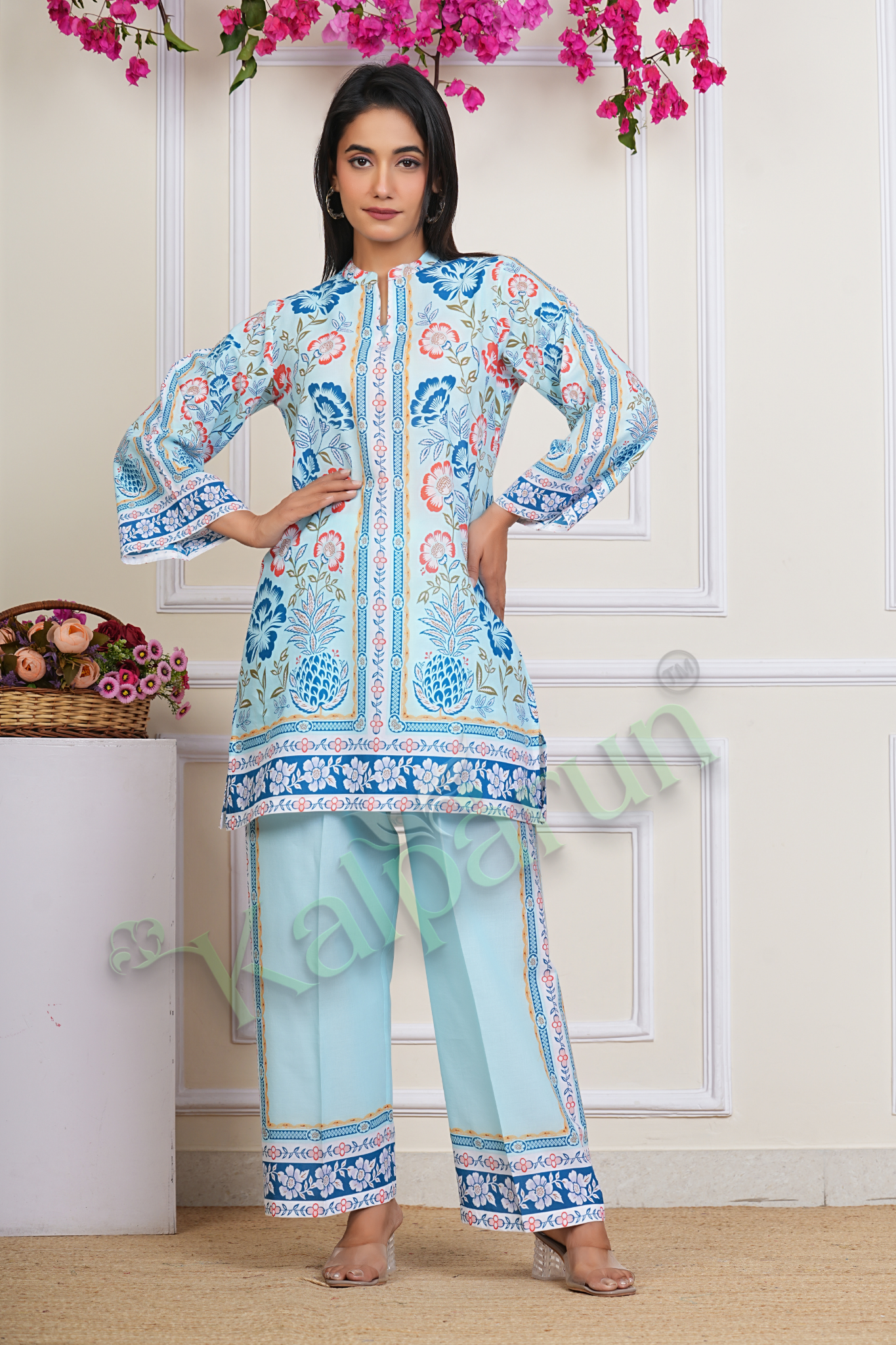 KALPARUN Women's Floral Print Cotton CORD Set, Light Blue with Coral and Navy Design, 3/4 Sleeve