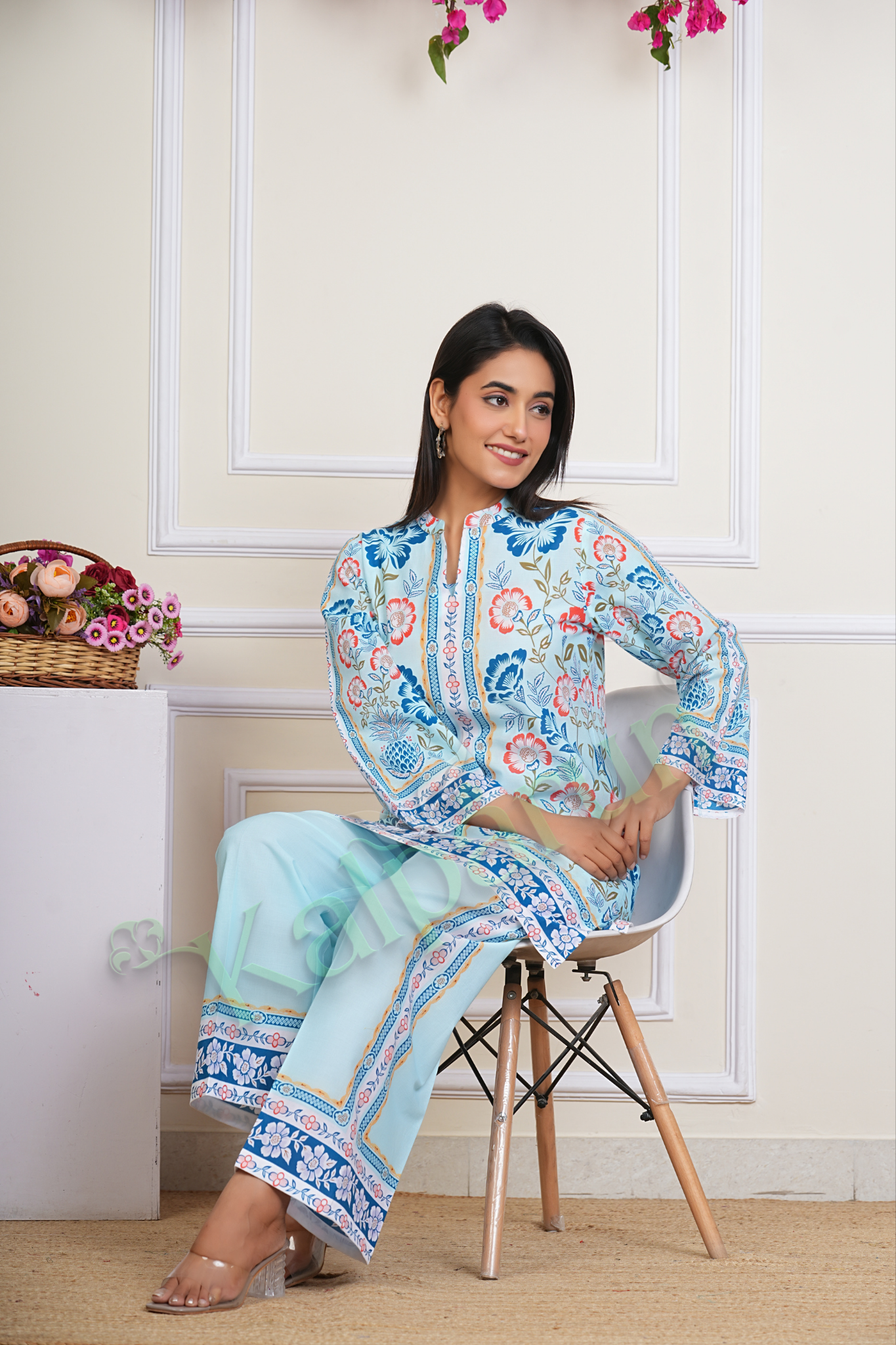 KALPARUN Women's Floral Print Cotton CORD Set, Light Blue with Coral and Navy Design, 3/4 Sleeve