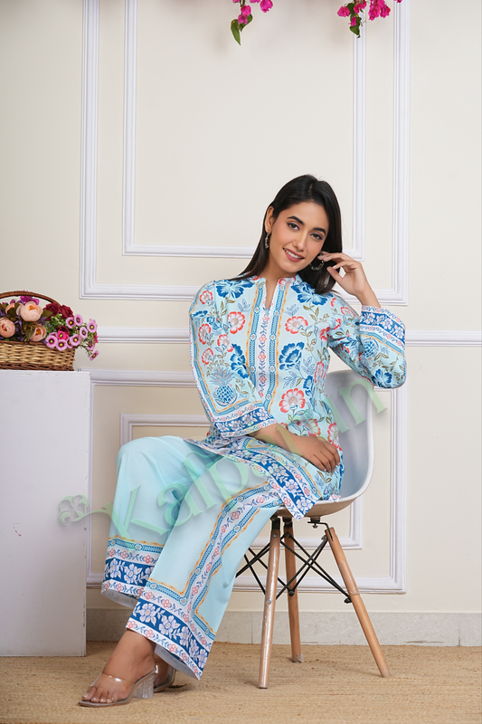 KALPARUN Women's Floral Print Cotton CORD Set, Light Blue with Coral and Navy Design, 3/4 Sleeve