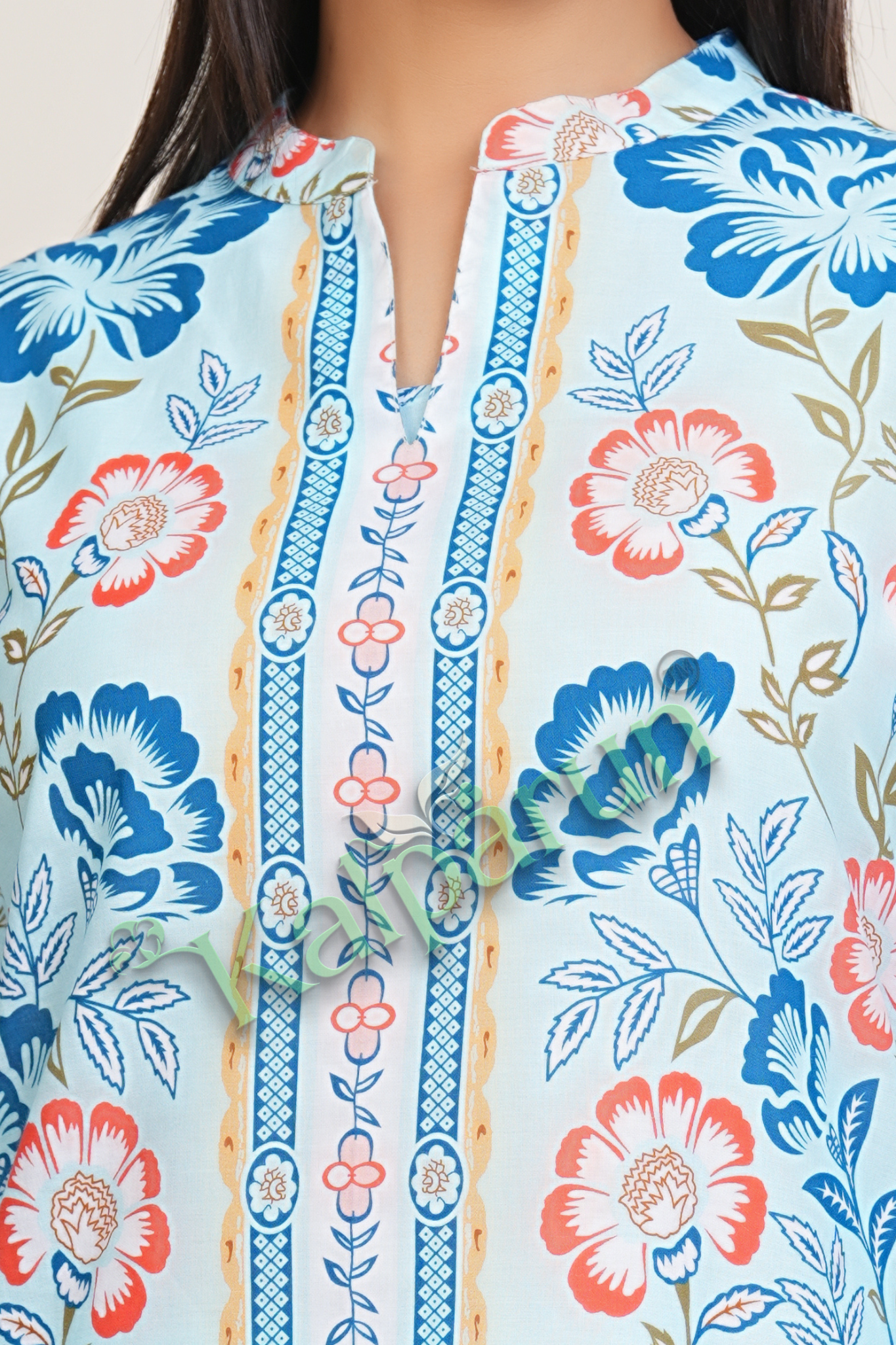 KALPARUN Women's Floral Print Cotton CORD Set, Light Blue with Coral and Navy Design, 3/4 Sleeve