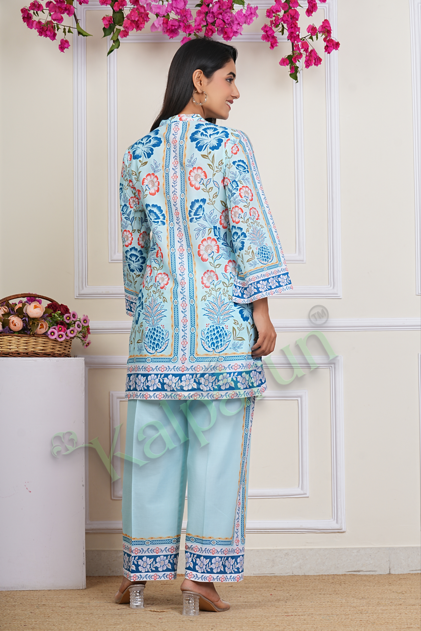 KALPARUN Women's Floral Print Cotton CORD Set, Light Blue with Coral and Navy Design, 3/4 Sleeve