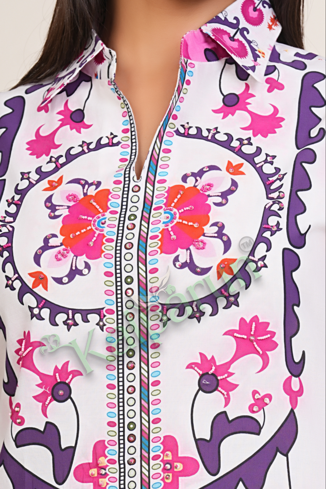 KALPARUN Women's Floral Printed Cord Set, White Base with Pink and Purple Design, Zip-Front Tunic with Palazzo