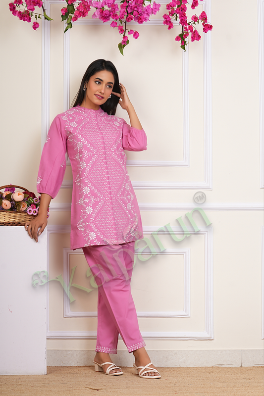 KALPARUN Pink Cotton CORD Set with White Embroidery, 3/4 Sleeve Tunic with Palazzo Pants