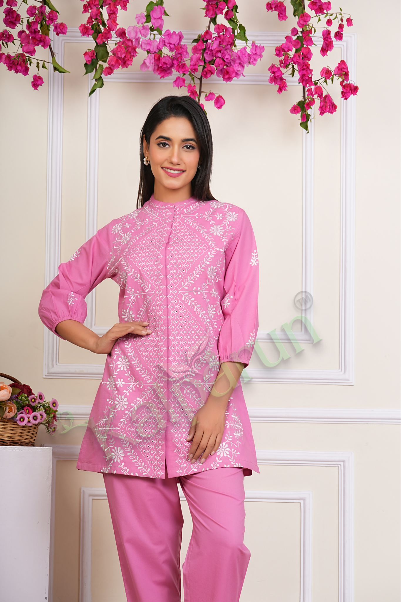 KALPARUN Pink Cotton CORD Set with White Embroidery, 3/4 Sleeve Tunic with Palazzo Pants