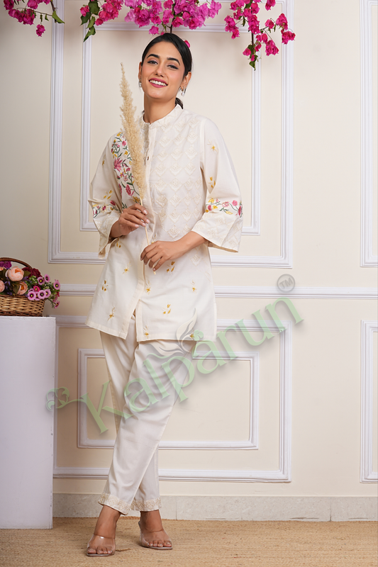KALPARUN White Cotton Cord Set, Floral Embroidered, Bell Sleeves, Mandarin Collar