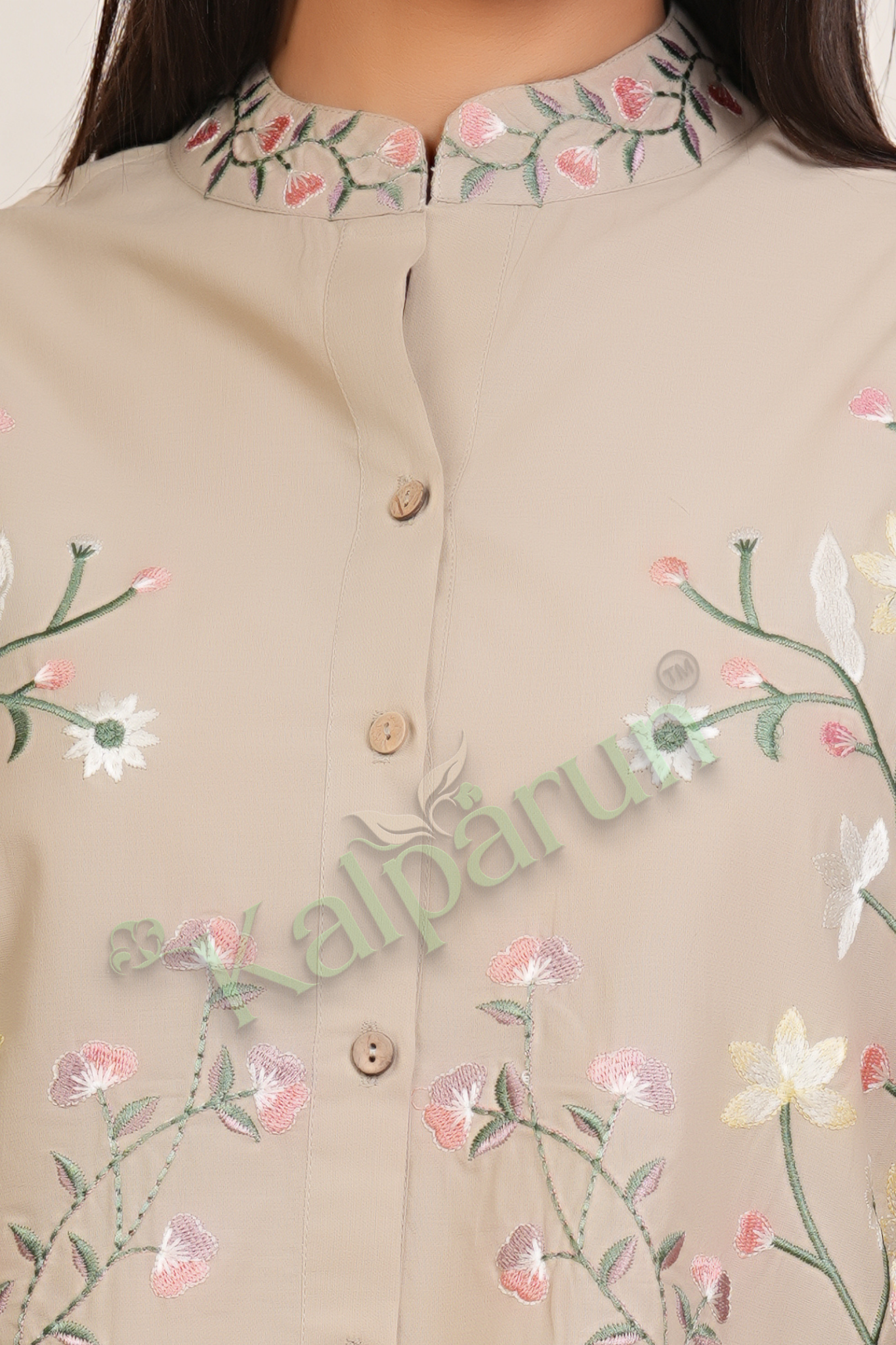 Floral Embroidered CORD SET, Beige Cotton, Mandarin Collar, Full Sleeves