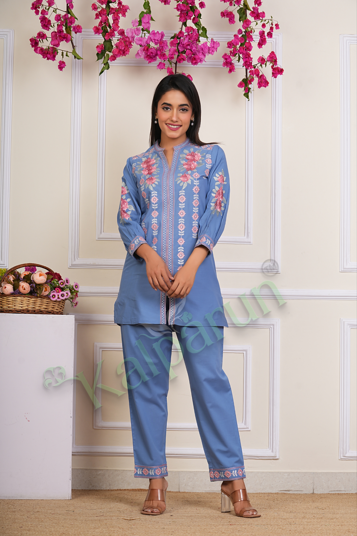 KALPARUN Blue Cotton CORD Set with Pink Floral Embroidery, Mandarin Collar, Three-Quarter Sleeves