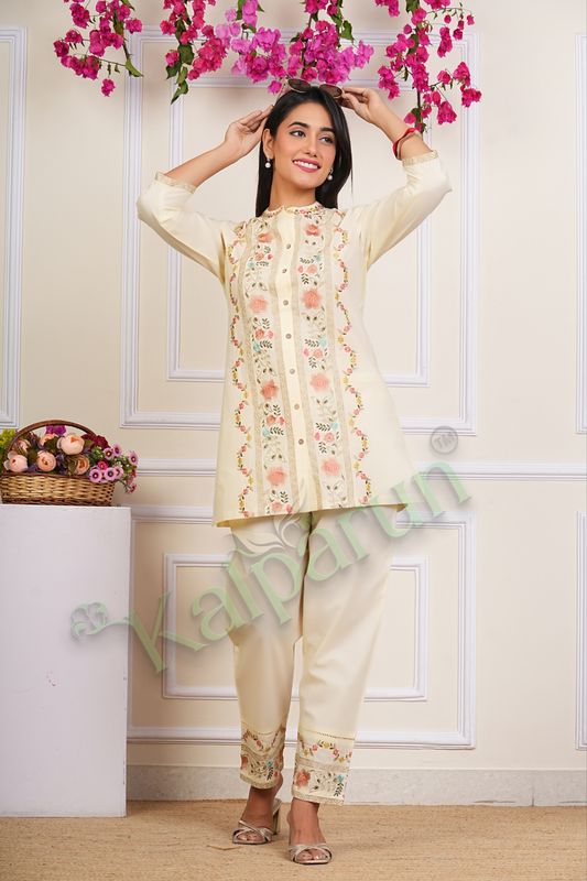 KALPARUN Blue Cotton CORD Set with Pink Floral Embroidery, Mandarin Collar, Three-Quarter Sleeves