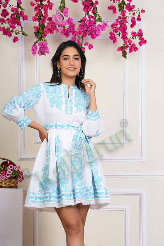 KALPARUN White Cotton Midi Dress, Blue Floral Embroidery, V-Neck, Three-quarter Sleeves, A-Line Fit with Belt
