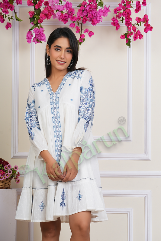 KALPARUN White Cotton Midi Dress, Blue Floral Embroidery, V-Neck, Three-quarter Sleeves, A-Line Fit