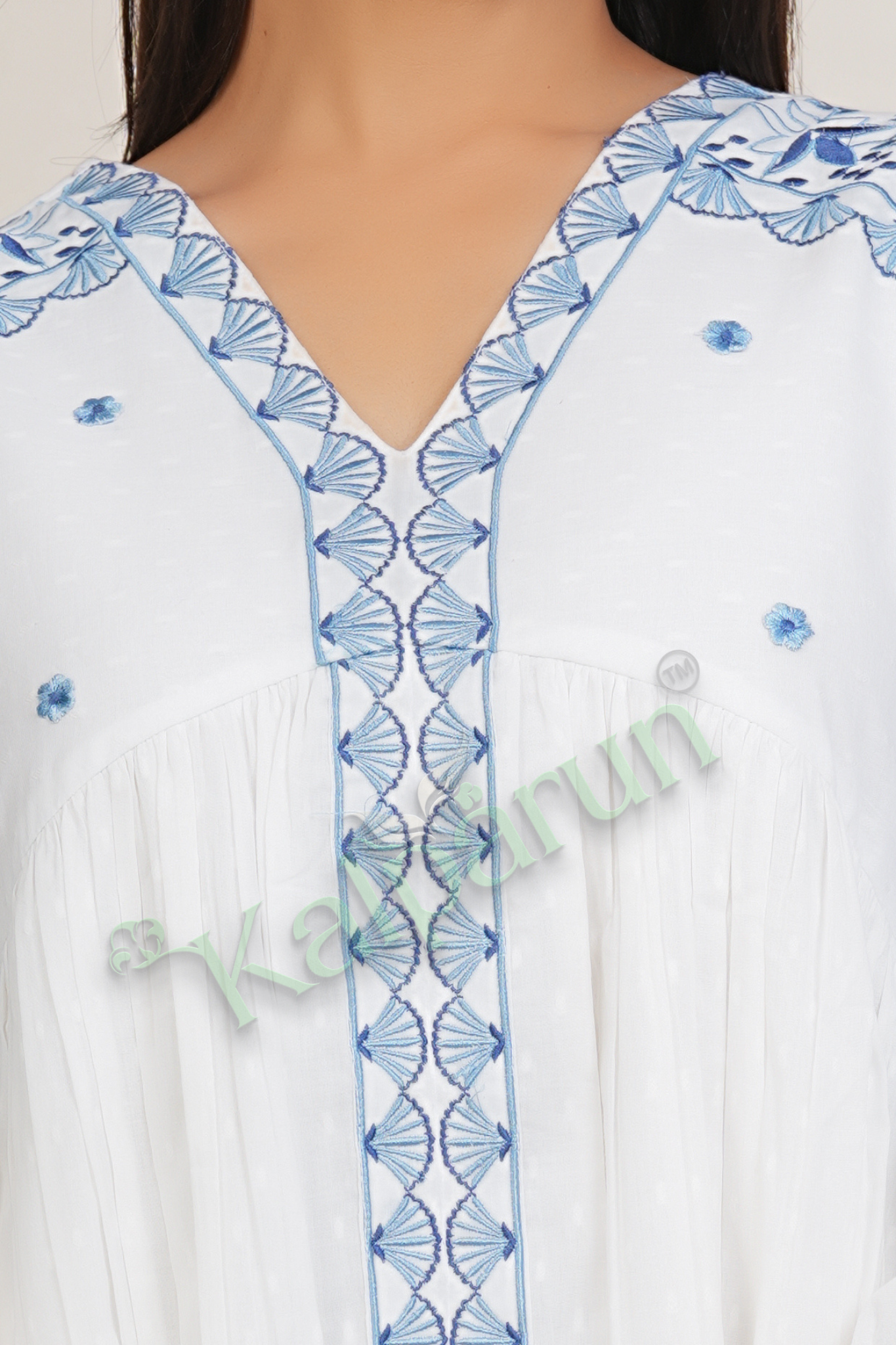 KALPARUN White Cotton Midi Dress, Blue Floral Embroidery, V-Neck, Three-quarter Sleeves, A-Line Fit