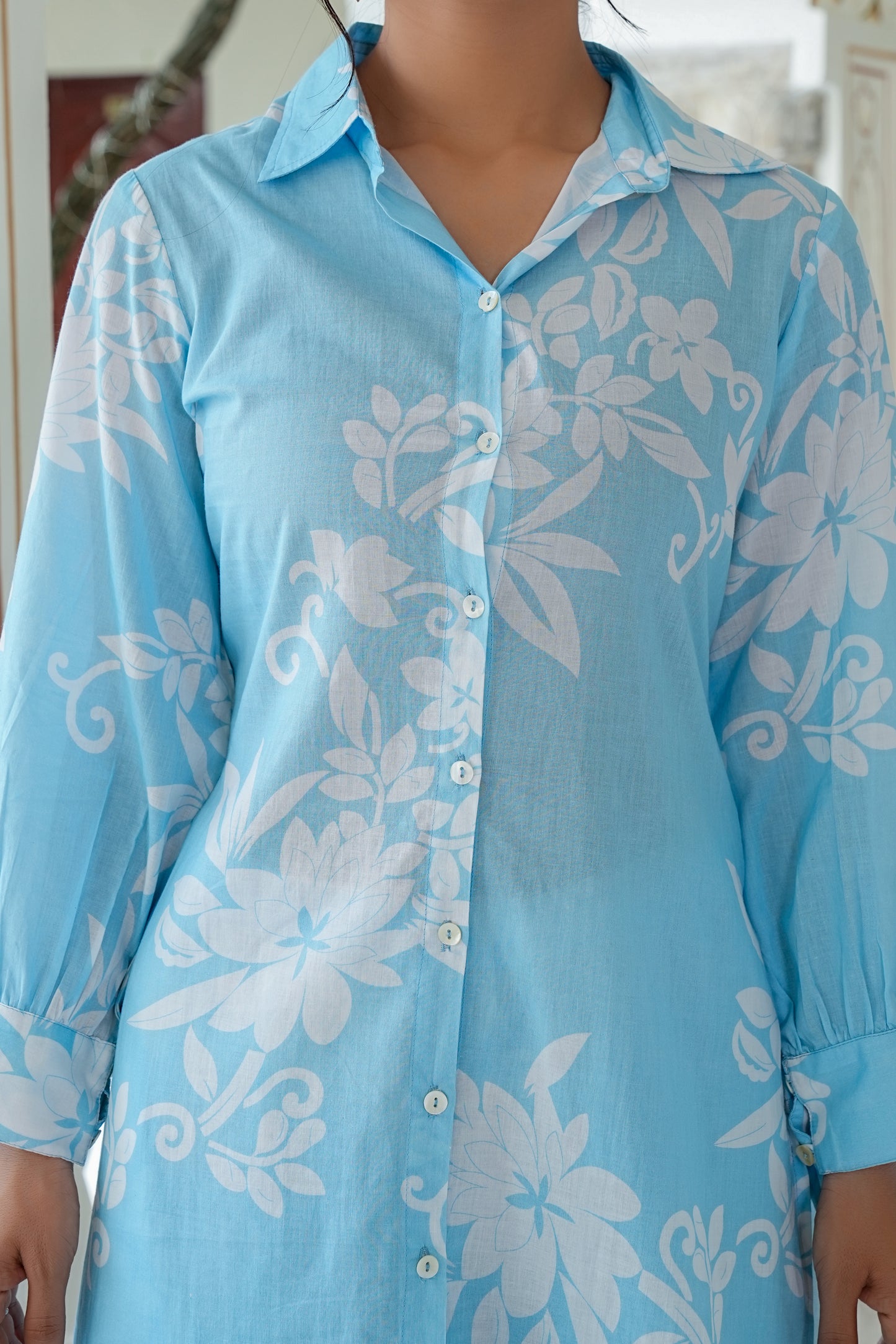 Kalparun Women's Sky Blue & White Floral Print Cotton Kurta with Pant Set | Button-Down Style