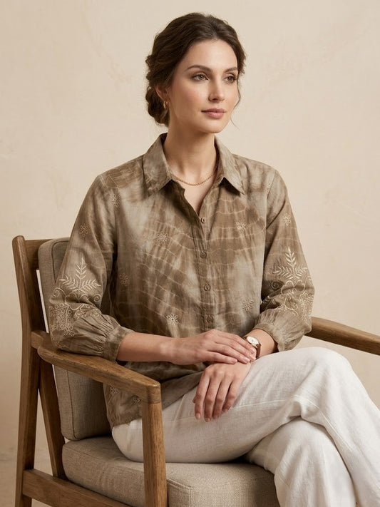 Brown printed cotton shirt for women