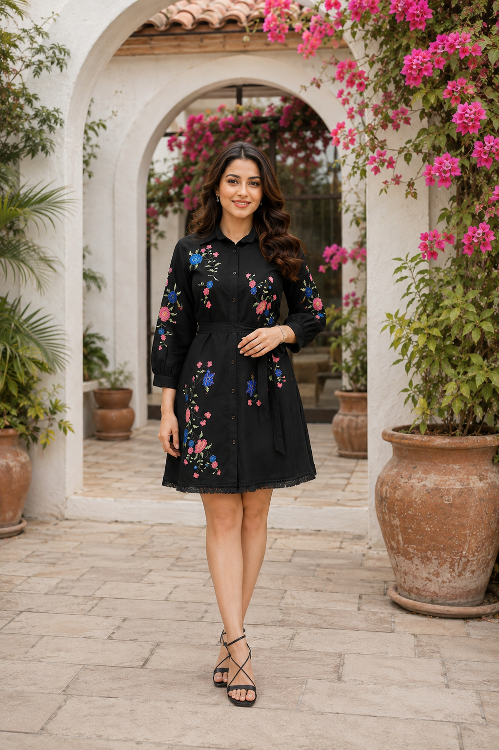 Floral Embroidered Cotton Shirt Dress – Black