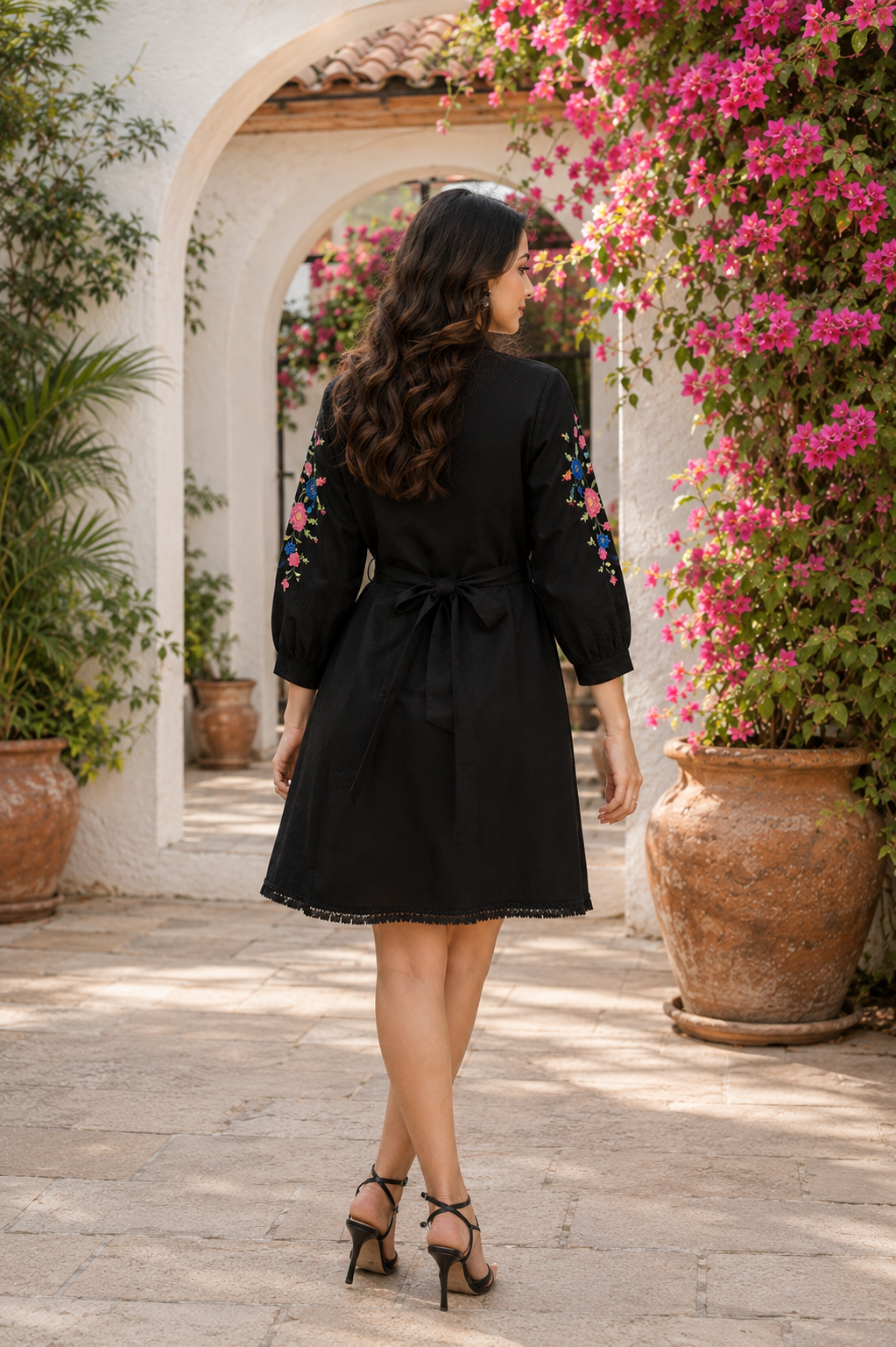 Floral Embroidered Cotton Shirt Dress – Black