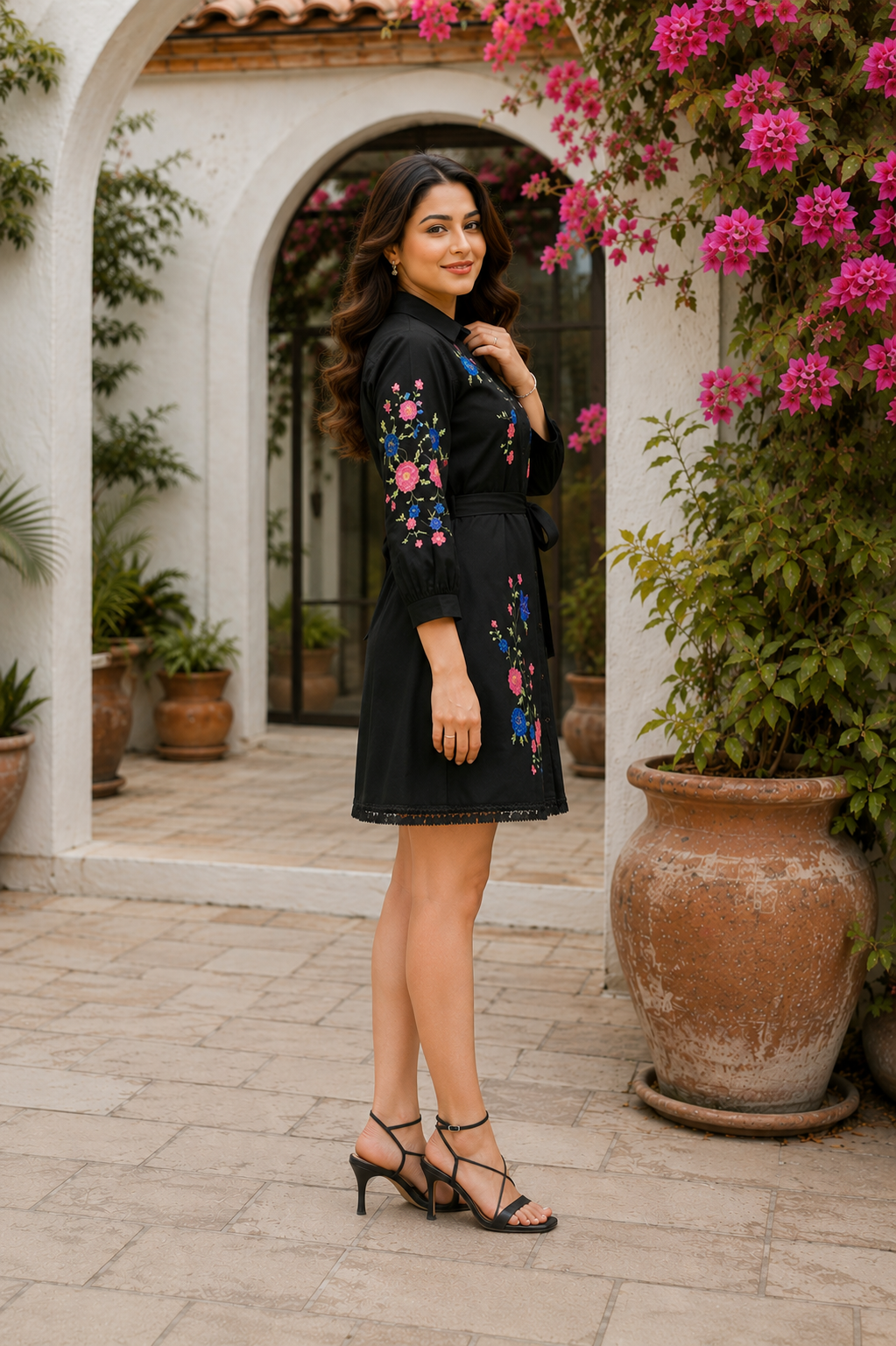 Floral Embroidered Cotton Shirt Dress – Black