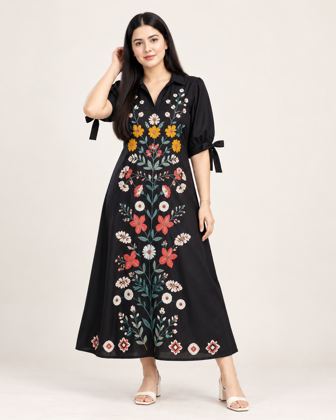Black Floral Embroidered Cotton Midi Dress for Women