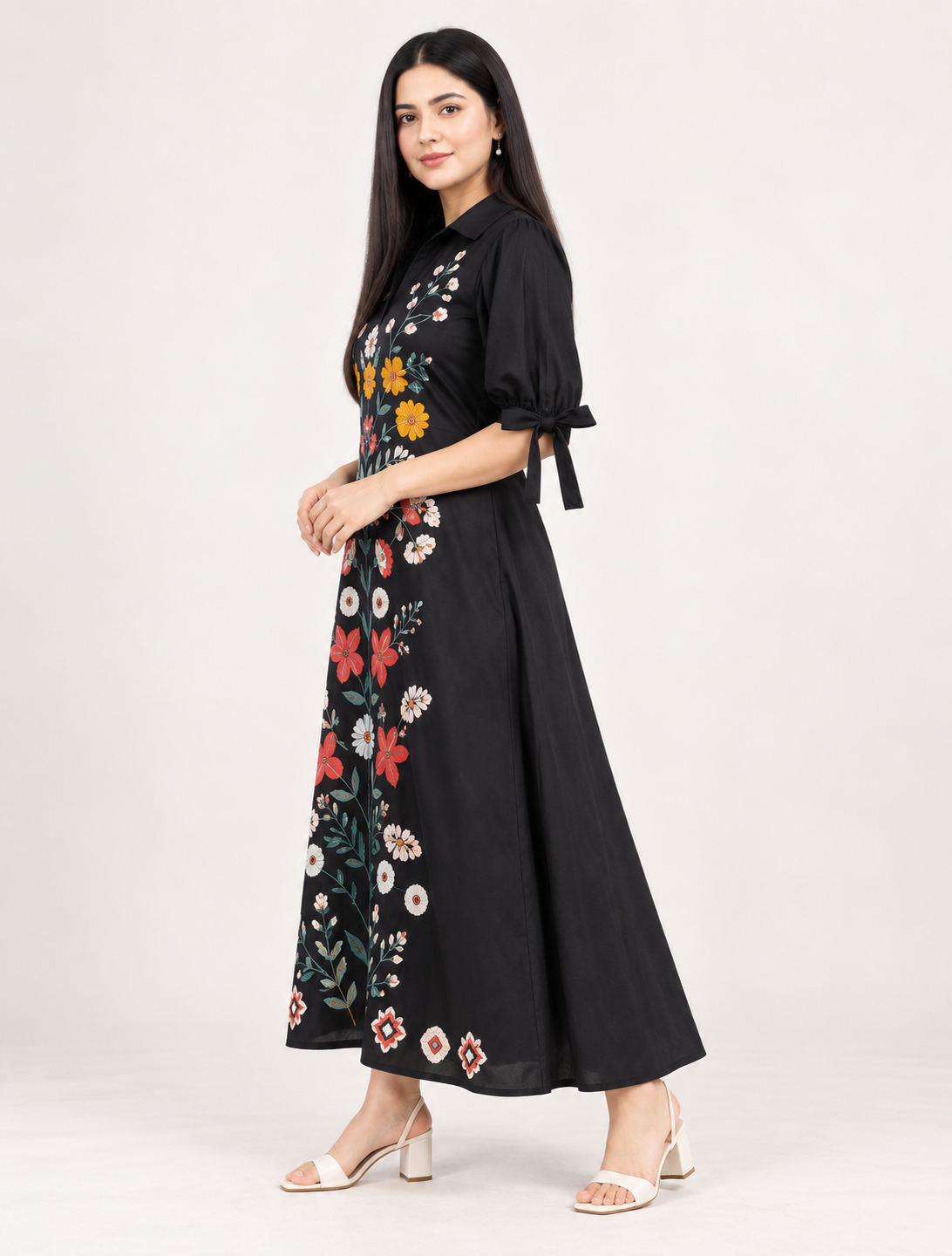 Black Floral Embroidered Cotton Midi Dress for Women