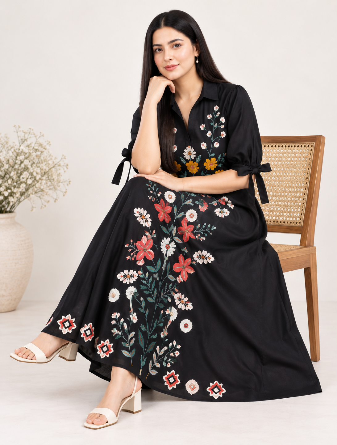 Black Floral Embroidered Cotton Midi Dress for Women