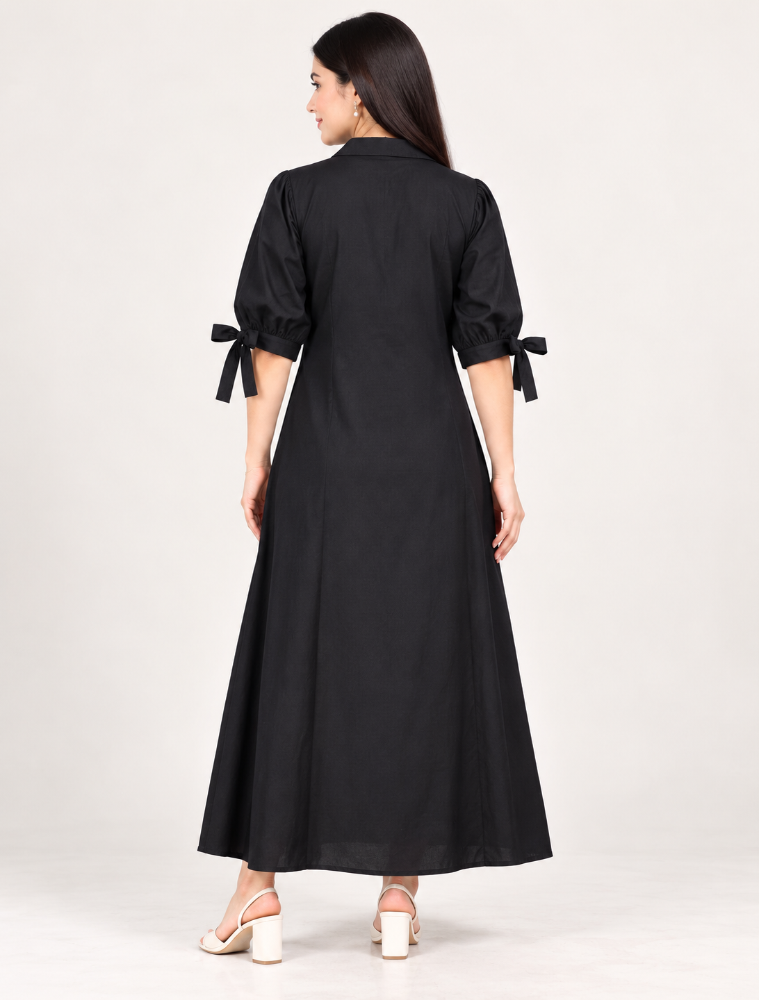 Black Floral Embroidered Cotton Midi Dress for Women