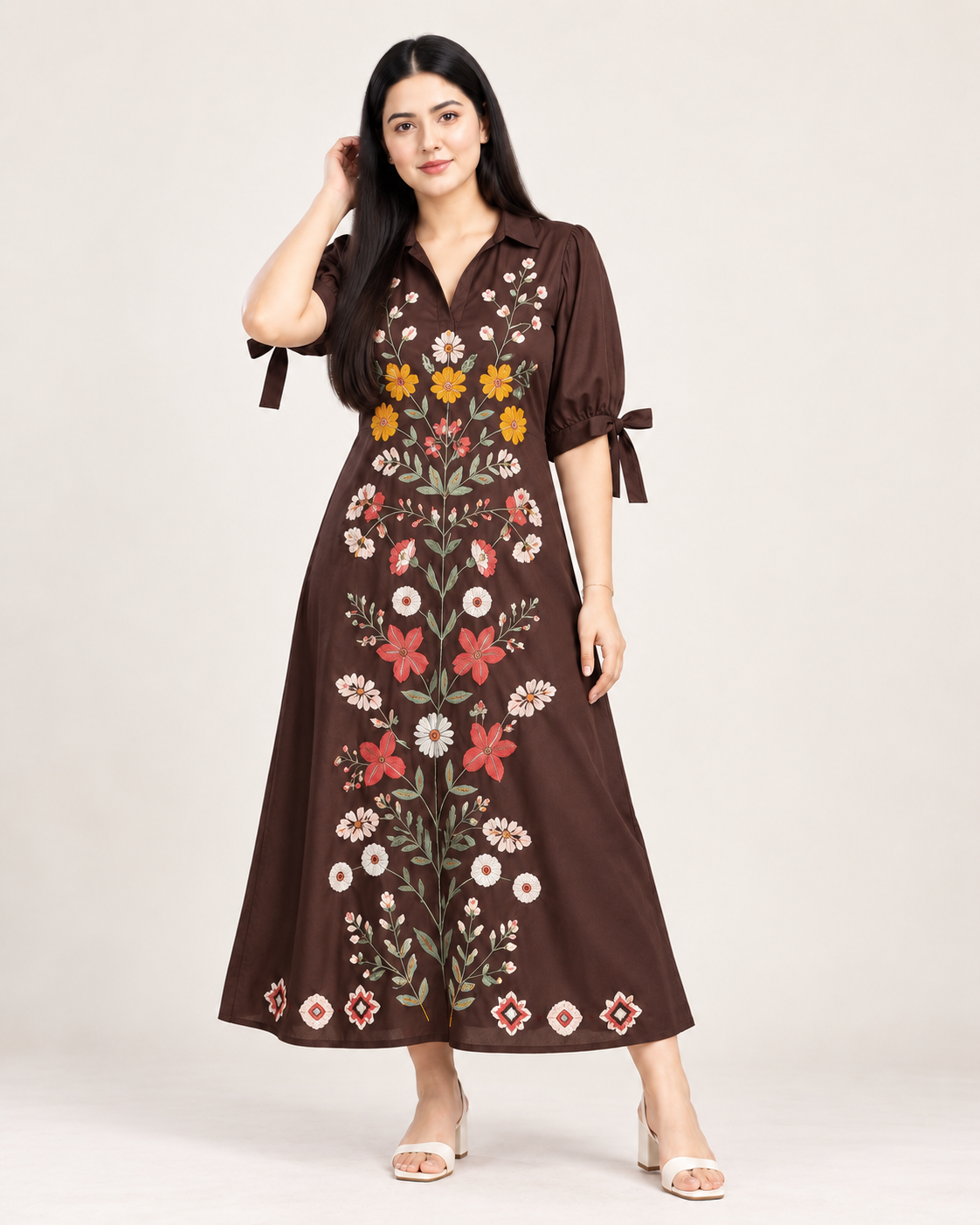 Brown Floral Embroidered Cotton Long Dress for Women