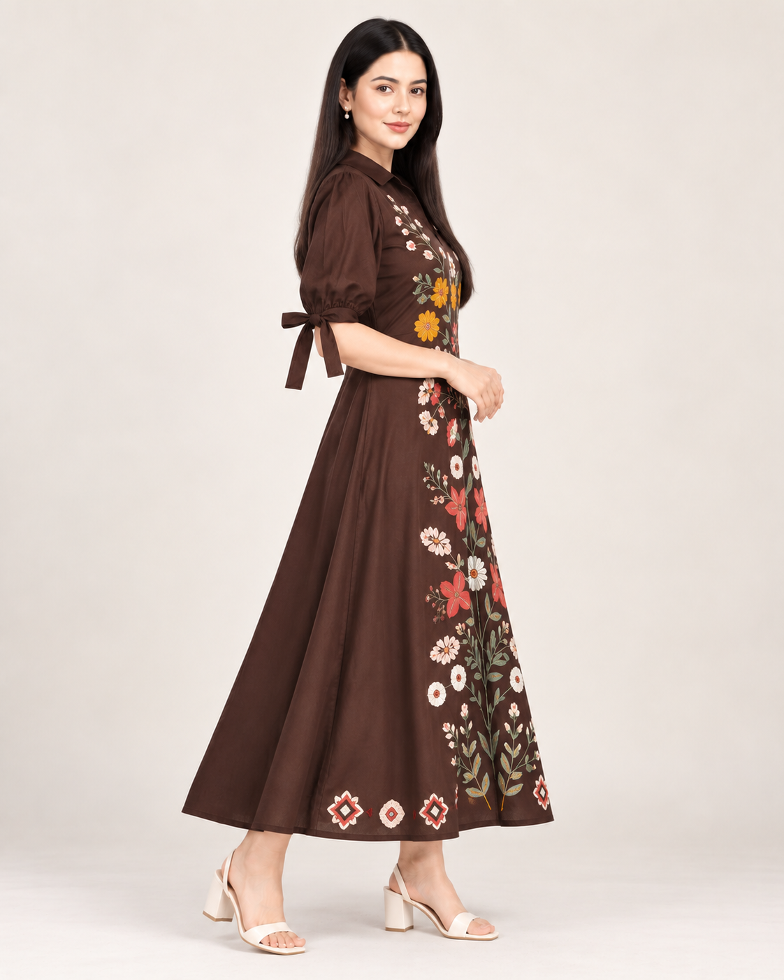 Brown Floral Embroidered Cotton Long Dress for Women
