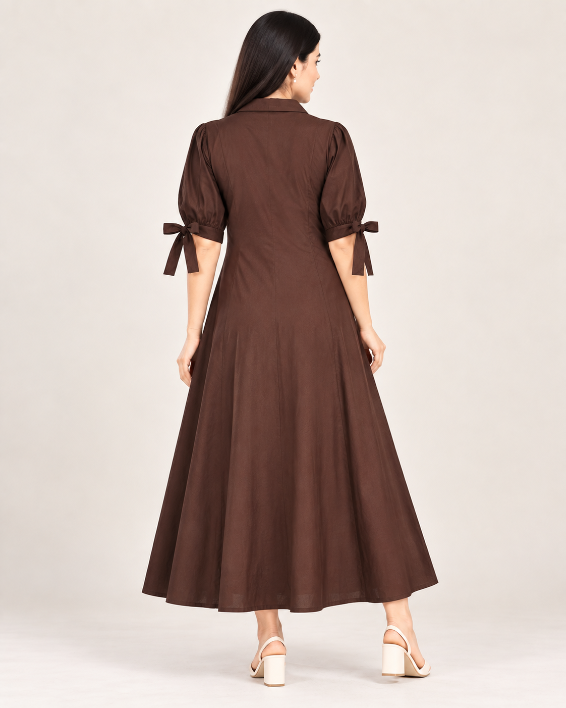 Brown Floral Embroidered Cotton Long Dress for Women
