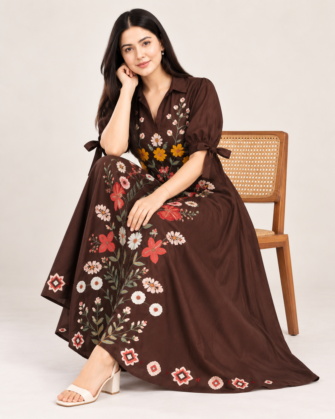 Brown Floral Embroidered Cotton Long Dress for Women