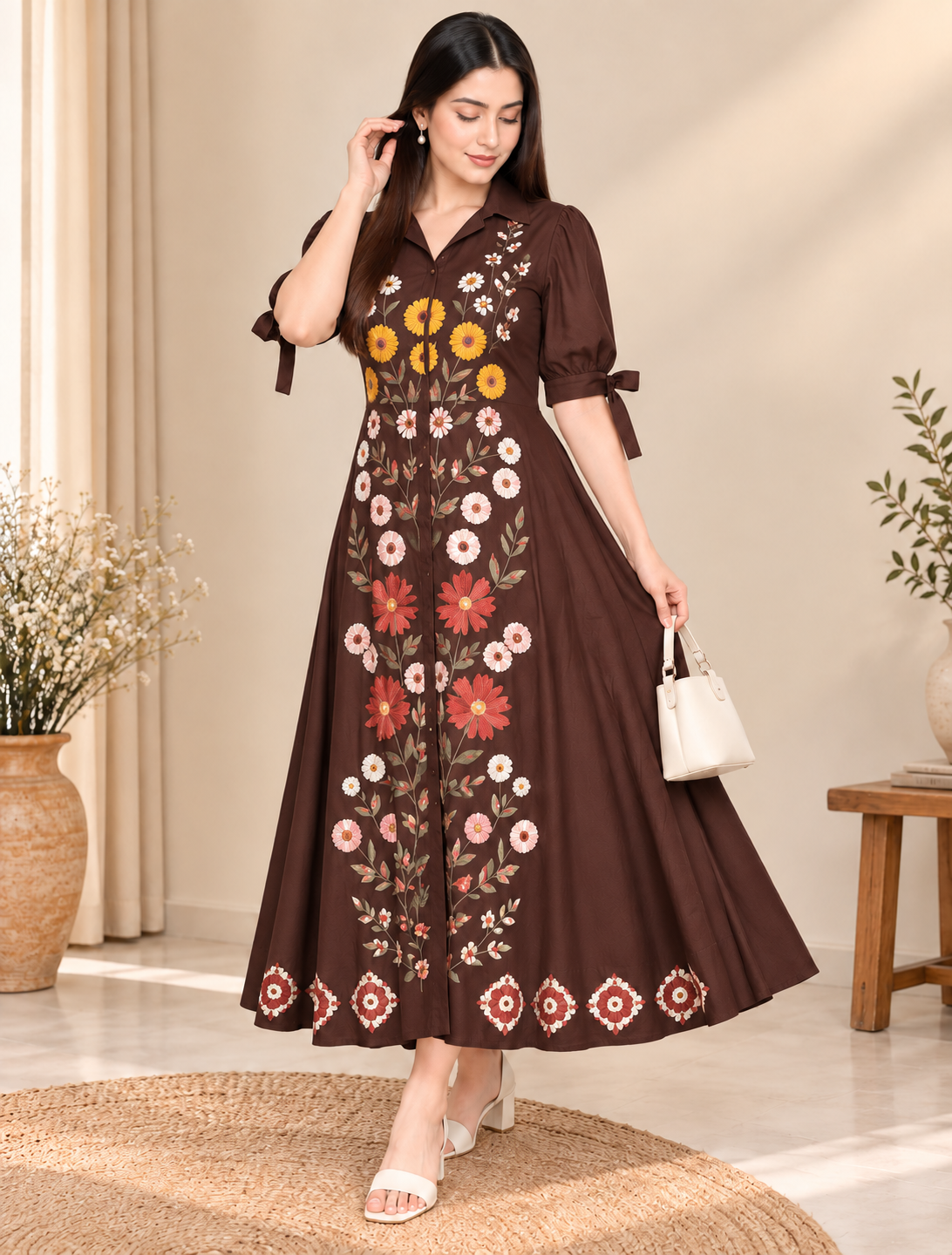 Brown Floral Embroidered Cotton Long Dress for Women