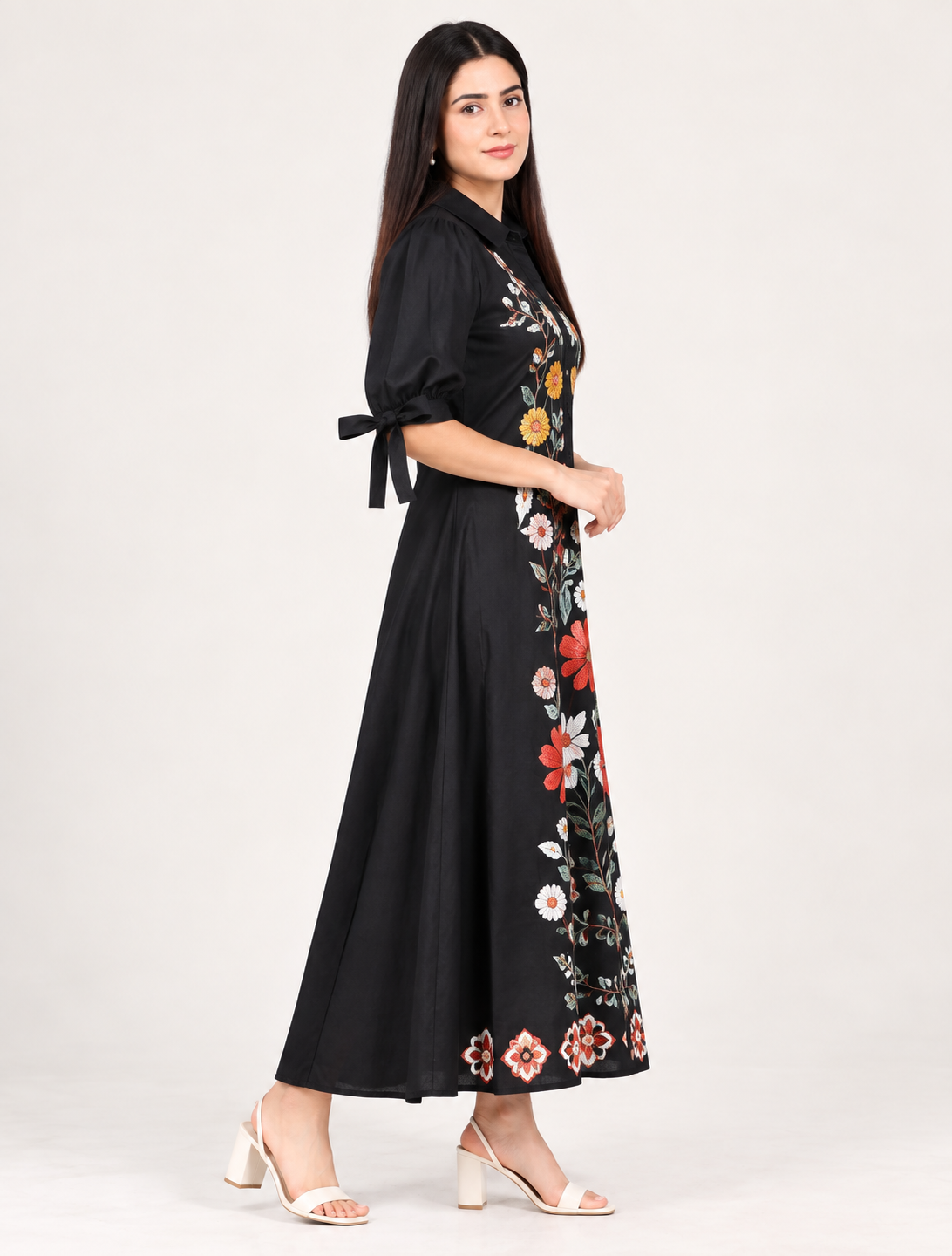 Black Floral Embroidered Cotton Midi Dress for Women