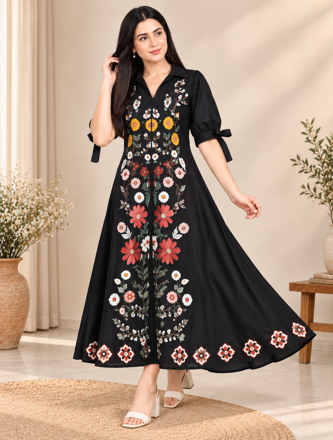 Black Floral Embroidered Cotton Midi Dress for Women