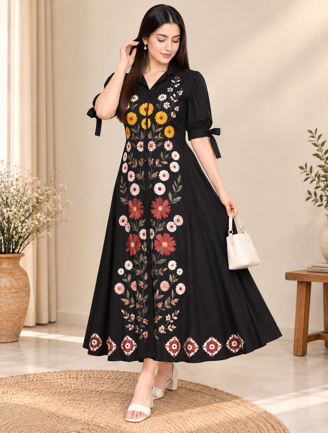 Black Floral Embroidered Cotton Midi Dress for Women