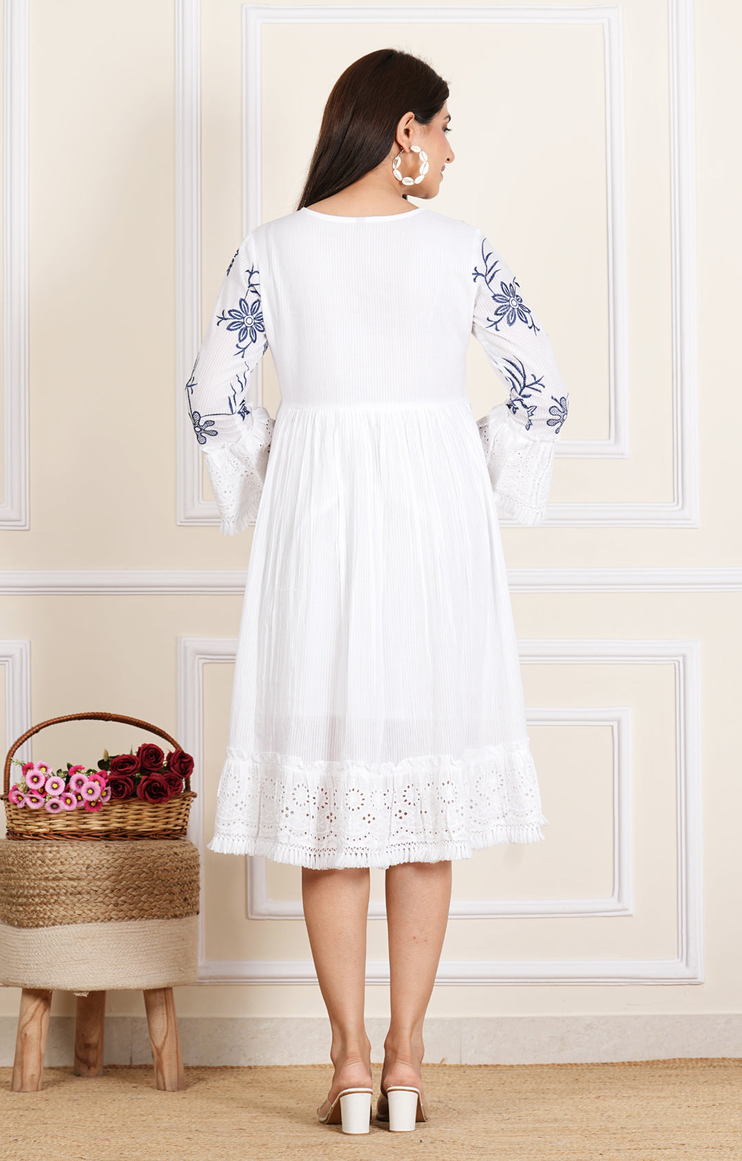 Kalparun Women's Ivory White Floral Embroidered Cotton Short Dress, V-Neck, Bell Sleeves with Eyelet Lace Trim