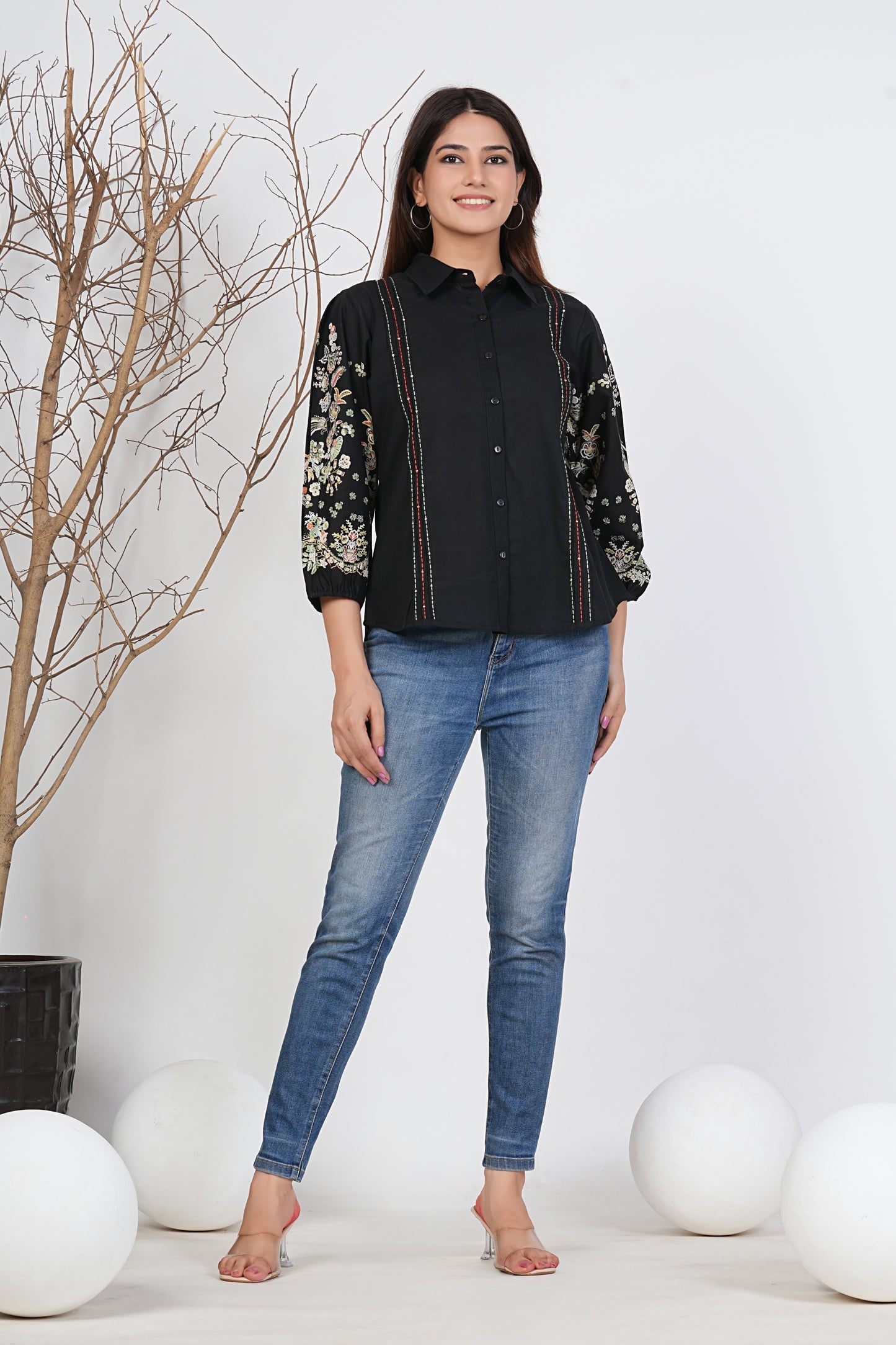 Black Embroidered Cotton Shirt For Women | Kalparun