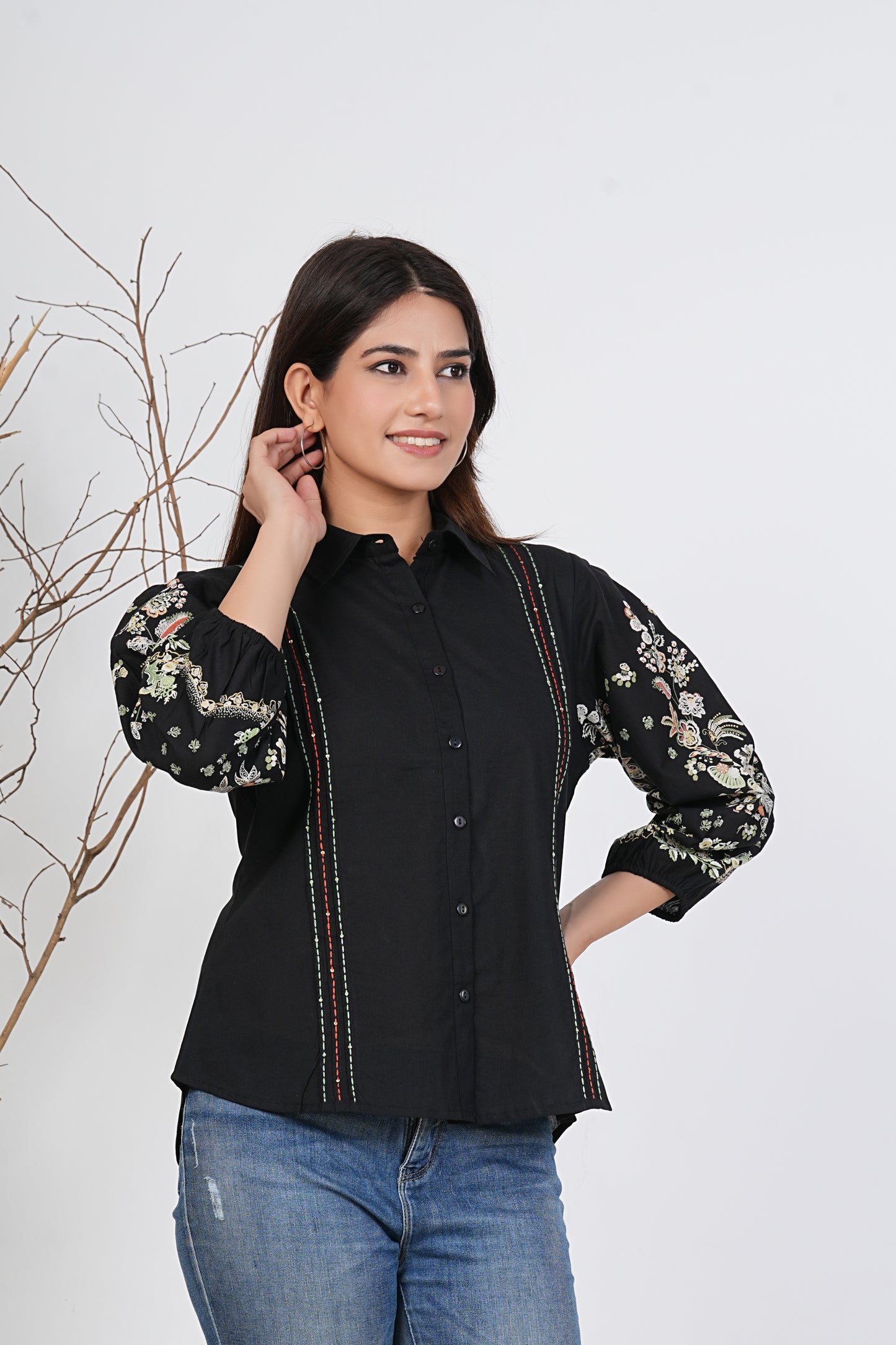 Black Embroidered Cotton Shirt For Women | Kalparun