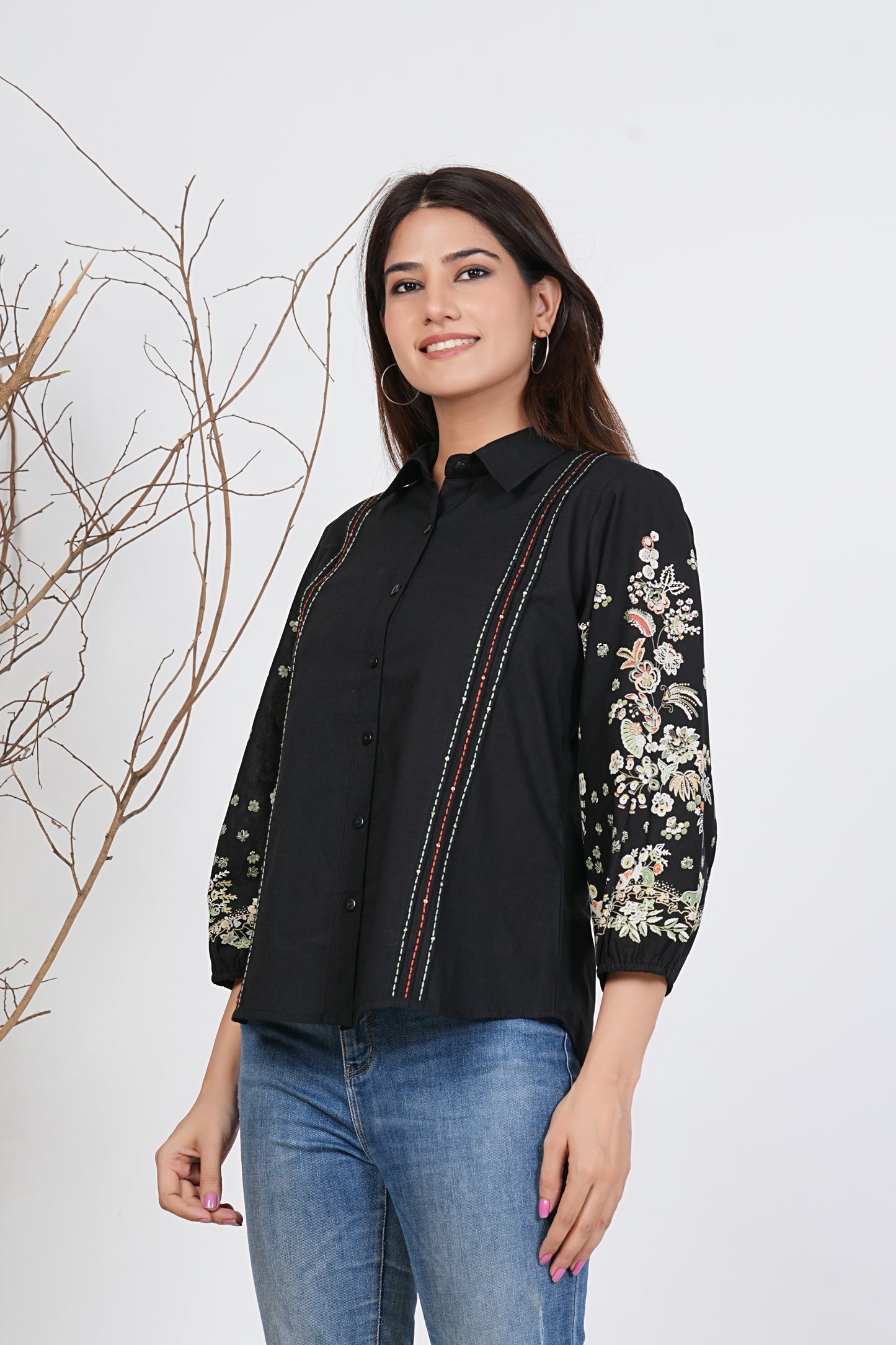 Black Embroidered Cotton Shirt For Women | Kalparun