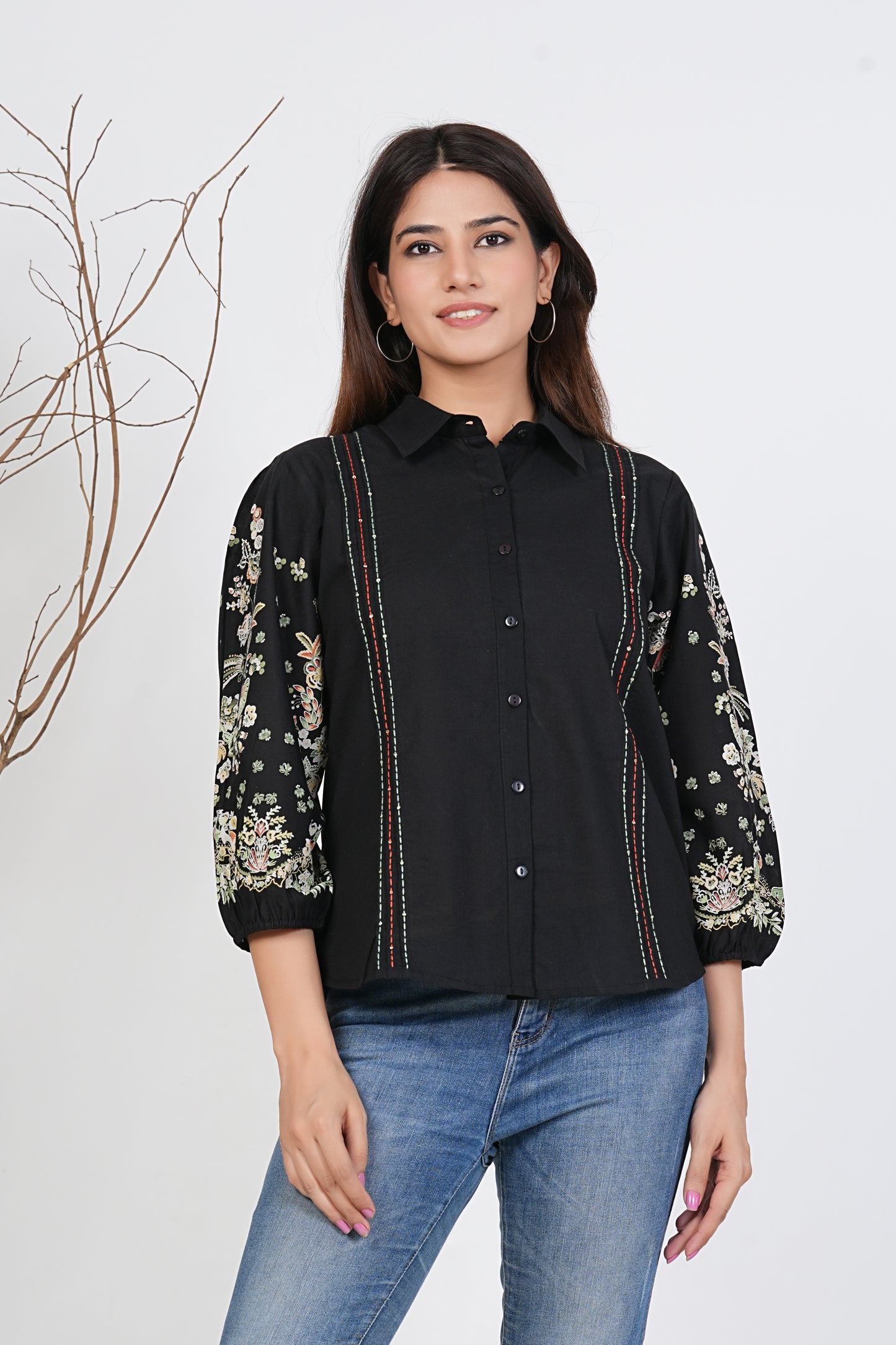Black Embroidered Cotton Shirt For Women | Kalparun