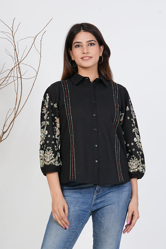 Black Embroidered Cotton Shirt For Women | Kalparun