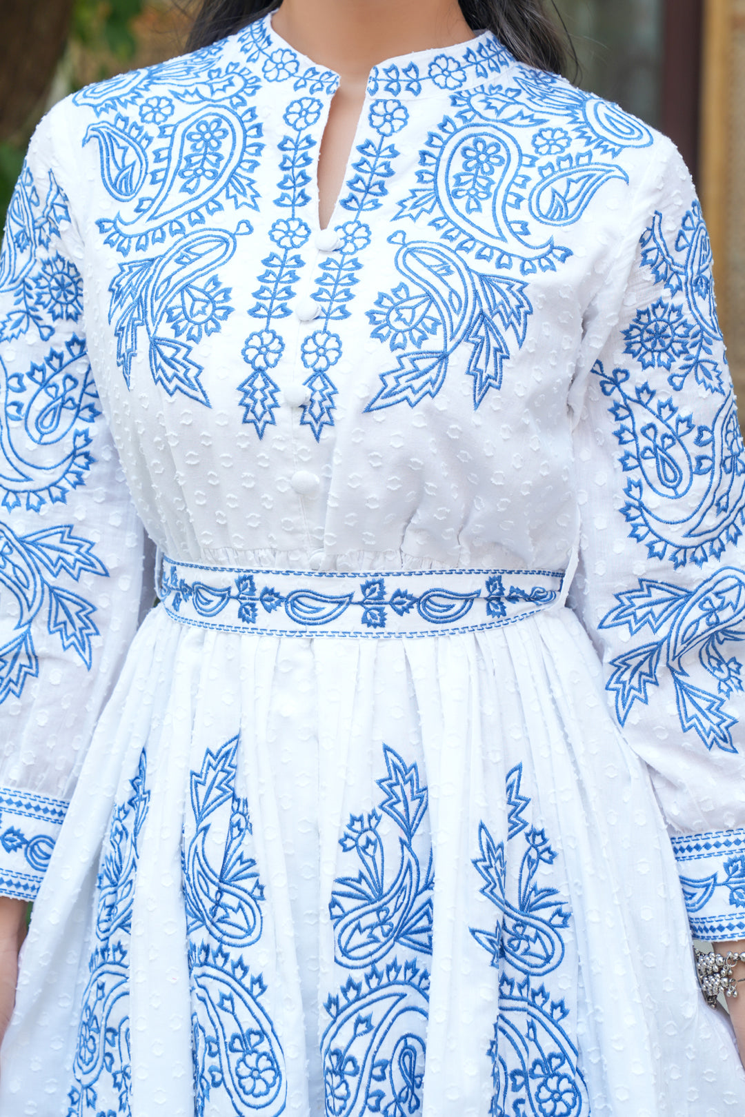 Kalparun Frost White & Indigo Bloom Cotton Embroidered Short Dress with Indigo Floral Pattern, Long Sleeves, Mandarin Collar