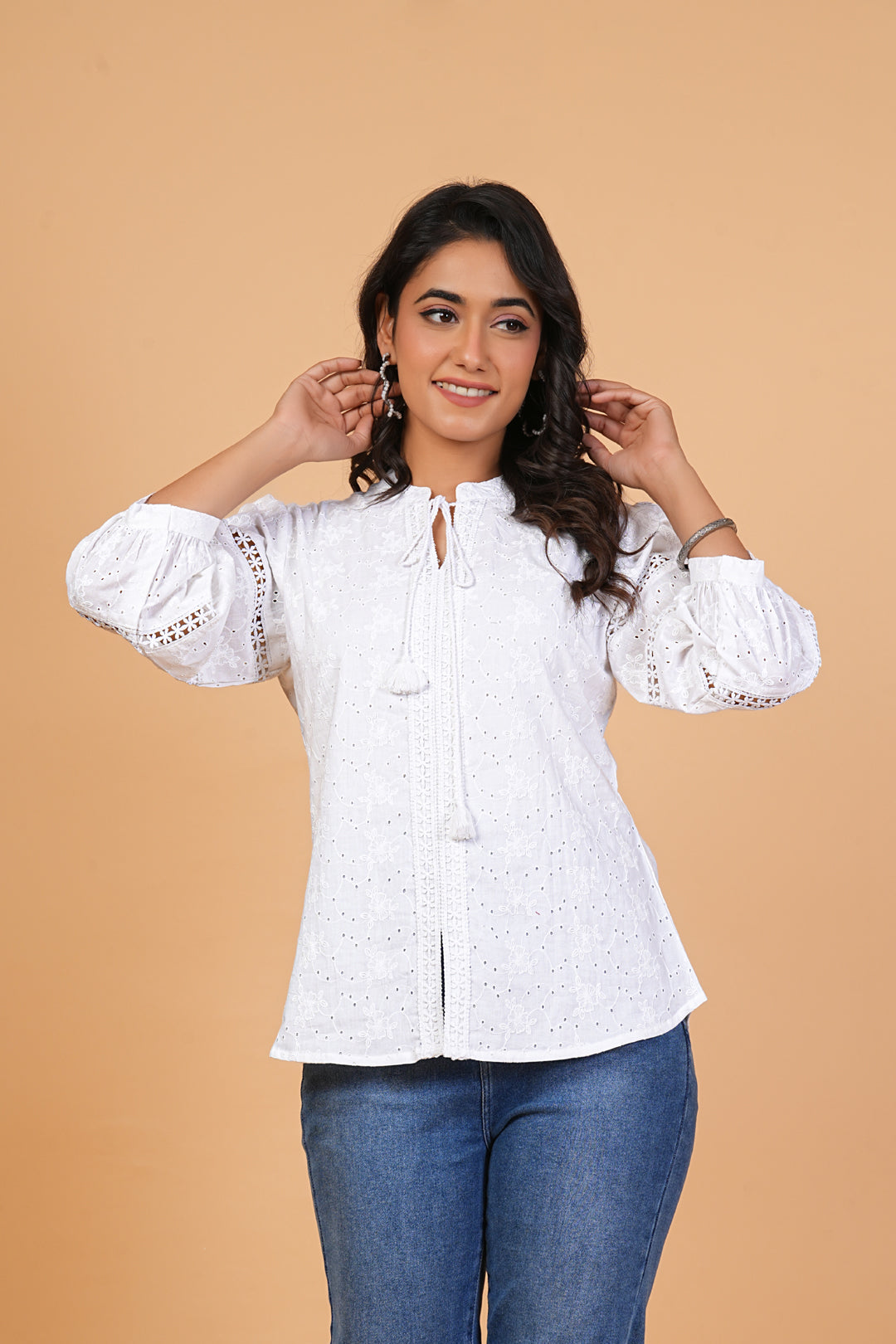 Women's White Cotton Schiffli Embroidered Shirt Top